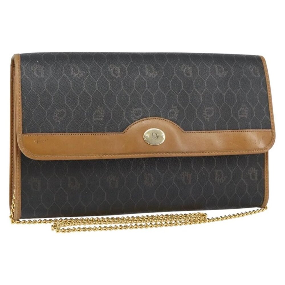 Christian Dior Honeycomb Canvas Chain Shoulder Bag PVC Black Gold Auth yk19714